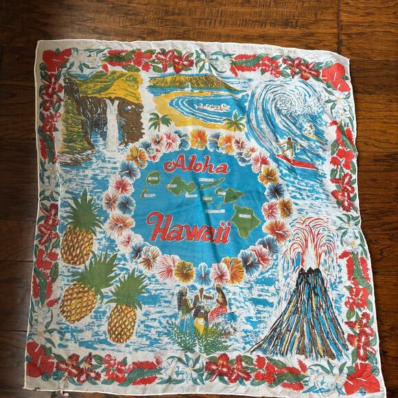 Other Accessories - Vtg Hawaii Souvenir Scarf 50s 60s Aloha Map Volcano Surfing Made in Japan